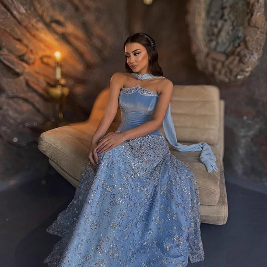 Luxury Blue Beaded A-Line Evening Dress 2025 Formal Gown LA73050B