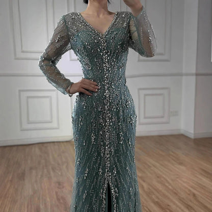 Luxury Turquoise Crystal Beaded Evening Dress Elegant Slit Gown LA73179