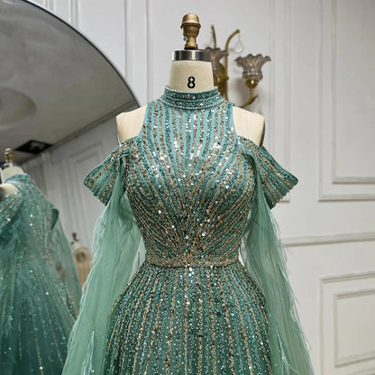 Serene Hill 2025 Arabic Turquoise Cape Sleeves A-Line Beaded Feathers Long Evening Gowns for Women Wedding Party LA72644