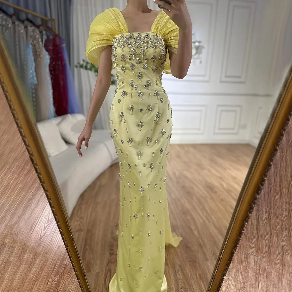 Luxury Dubai  Elegant Yellow Saudi Arabic Ankle Length Evening Gown Beaded Dress for Formal Occasion LA72756
