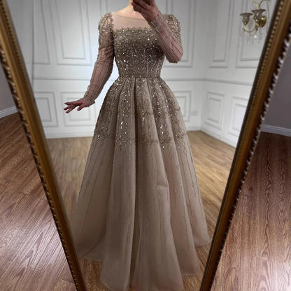 Luxury Caramel A-Line Beaded Evening Dress with Long Sleeves LA73077