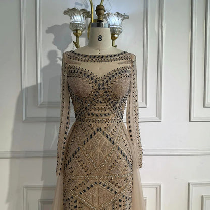 Luxury Dubai Nude  Evening Dress With Long Sleeves LA72967
