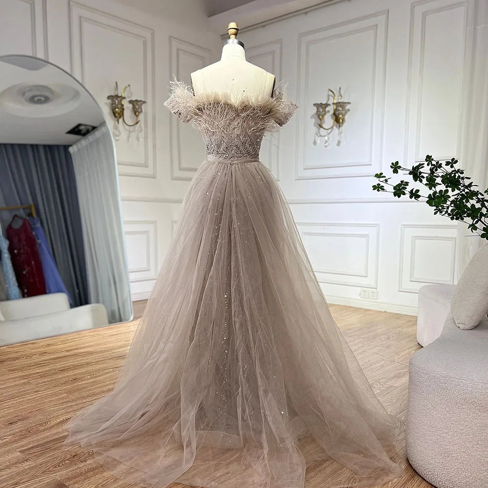 Luxury Dubai  Saudi Arabic Beaded Caramel Mermaid Elegant Evening Dresses Gowns with Overskirt for Formal Occasion LA71634A