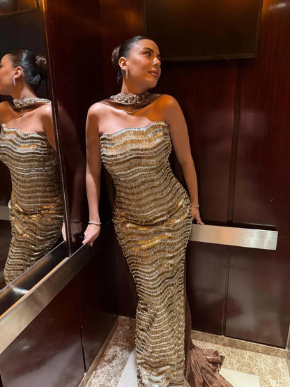 Luxury Caramel Beaded Mermaid Evening Dress LA73447