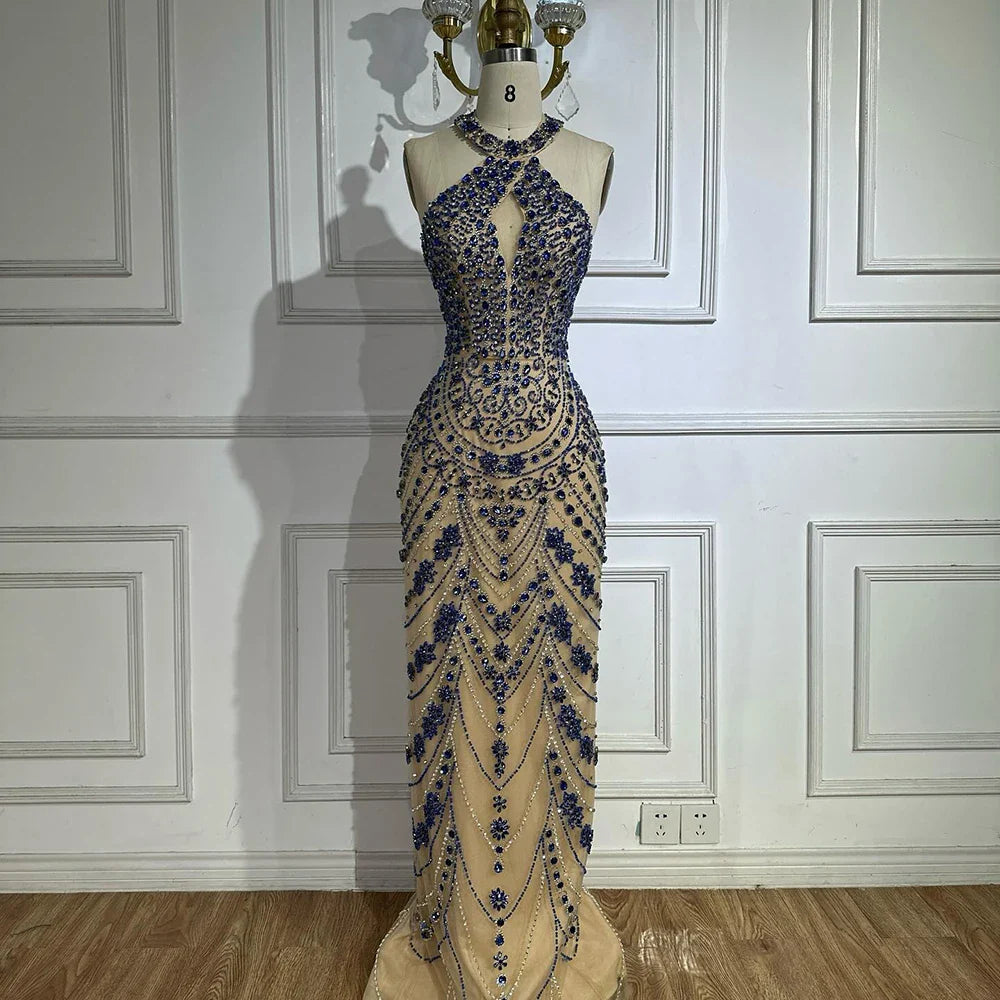 Luxury Blue Halter Crystal Beaded Evening Dress LA72760