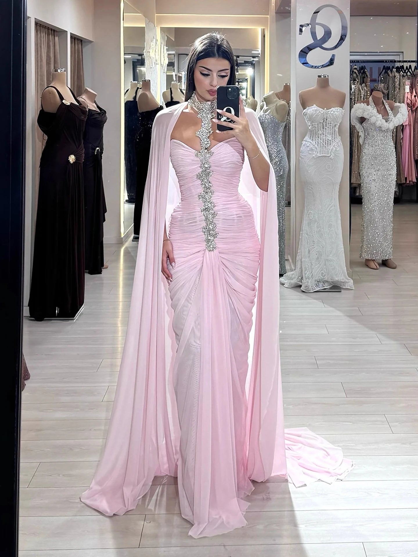 Luxury Pink Halter Crystal Beaded Evening Dress with Cape LA73374