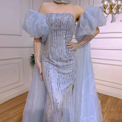 Luxury Dubai Arabic Blue Mermaid Balloon Sleeves Beaded Evening Dresses LA71823