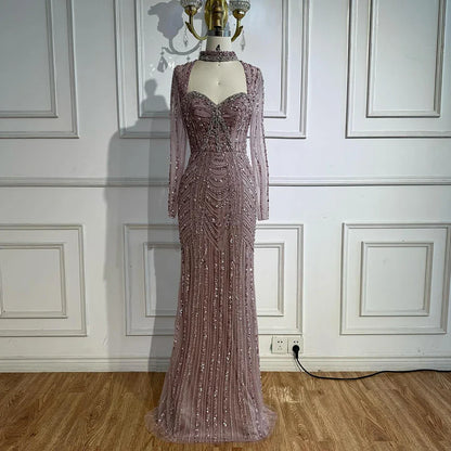 Caramel Beaded Mermaid Evening Dress with Long Sleeves LA72560B