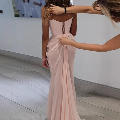 Luxury Pink Handmade Chiffon Mermaid Evening Gown Corset LA72946