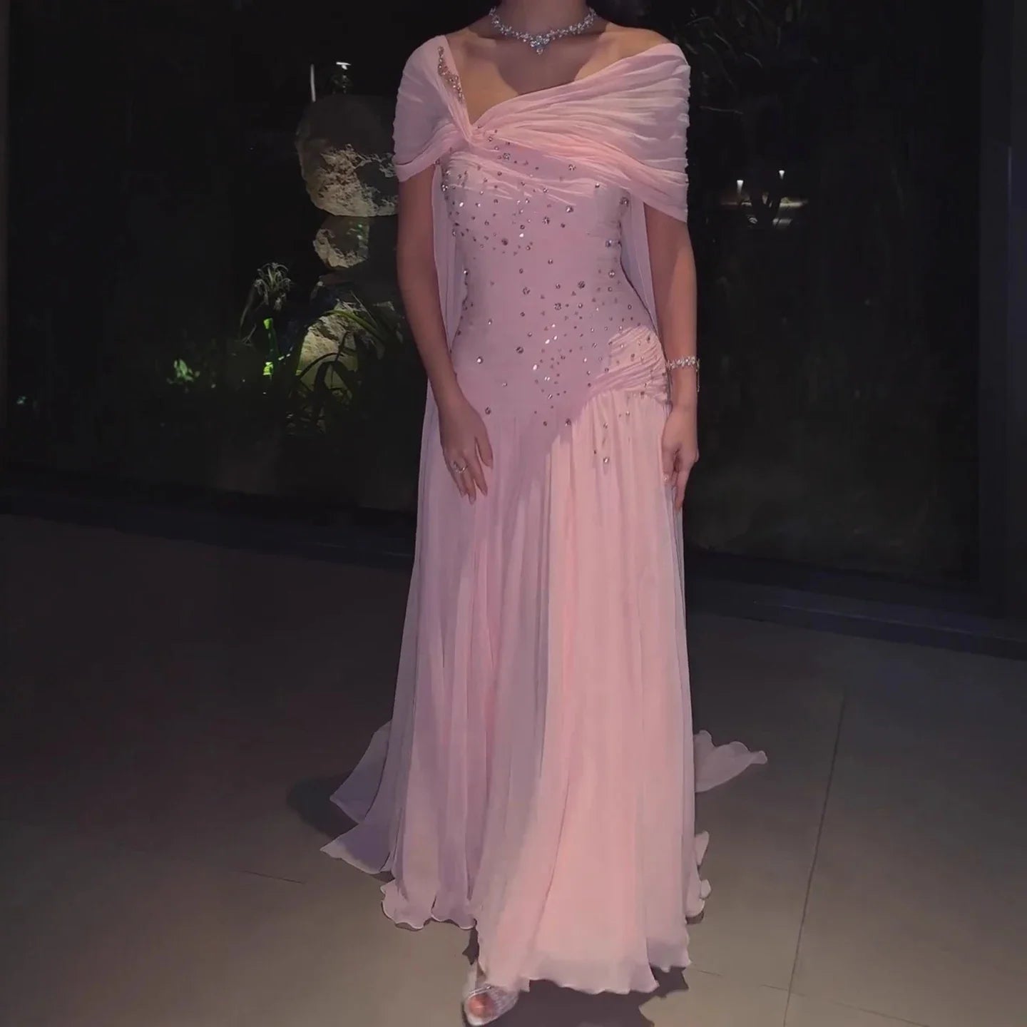 Luxury Pink Chiffon Beaded A-Line Evening Dress with Sheer Cape LA73347