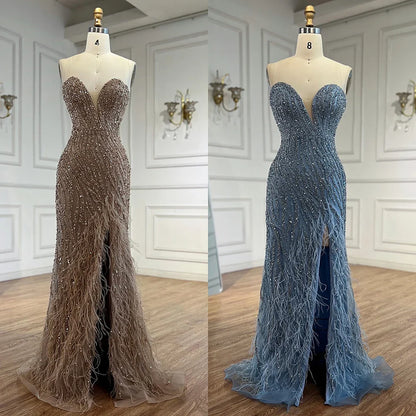Luxury Blue Feather Beaded Evening Dress with Side Skirt LA72695