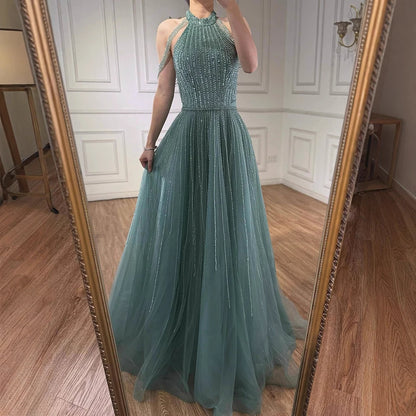 Luxury Arabic Blue Sequin Tassel Halter A Line Evening Dress LA72227
