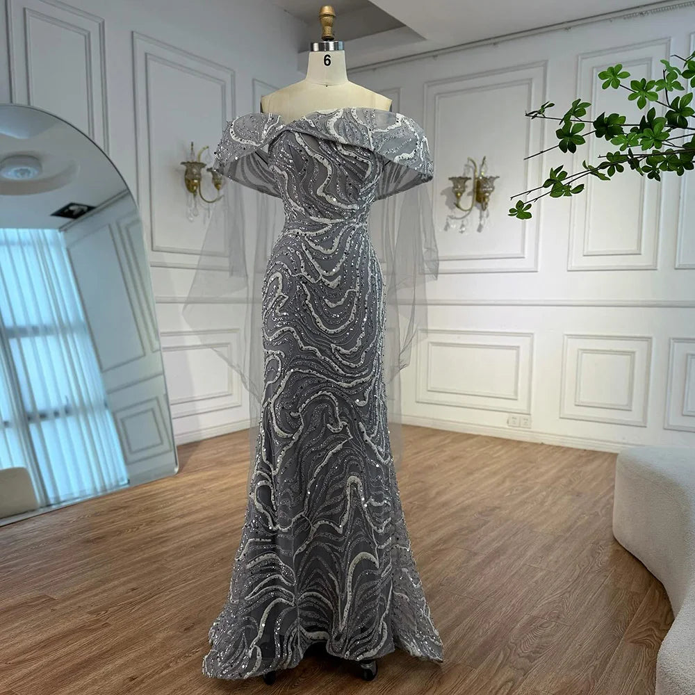 Luxury Gray Sequin Evening Dress with Cape Sleeves LA73125B