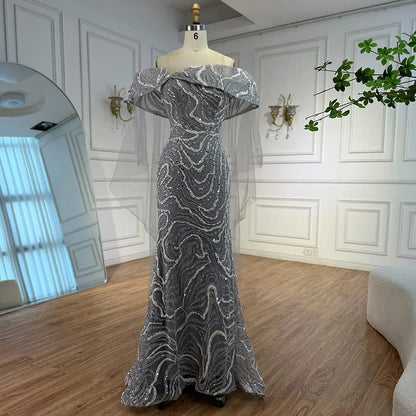 Luxury Gray Sequin Evening Dress with Cape Sleeves LA73125B
