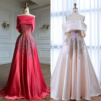 Luxury Pink Satin A-Line Beaded Evening Dress LA72195A