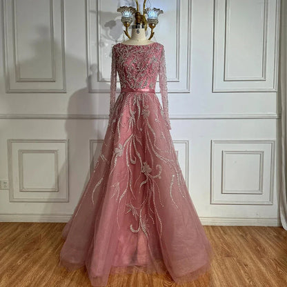 Muslim Nude A-Line Beaded Evening Dress with Long Sleeves LA71596A