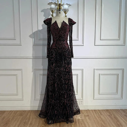 Luxury Wine Red Sequined Long Sleeve Evening Dress LA73126