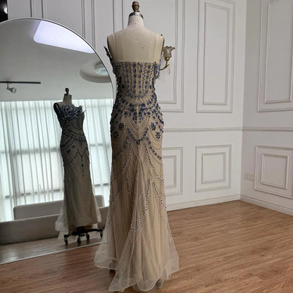 Luxury Blue Crystal Beaded Mermaid Evening Dress LA72760B