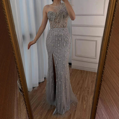 Luxury Gray One Shoulder Mermaid Beaded Feather Evening Dress LA72347