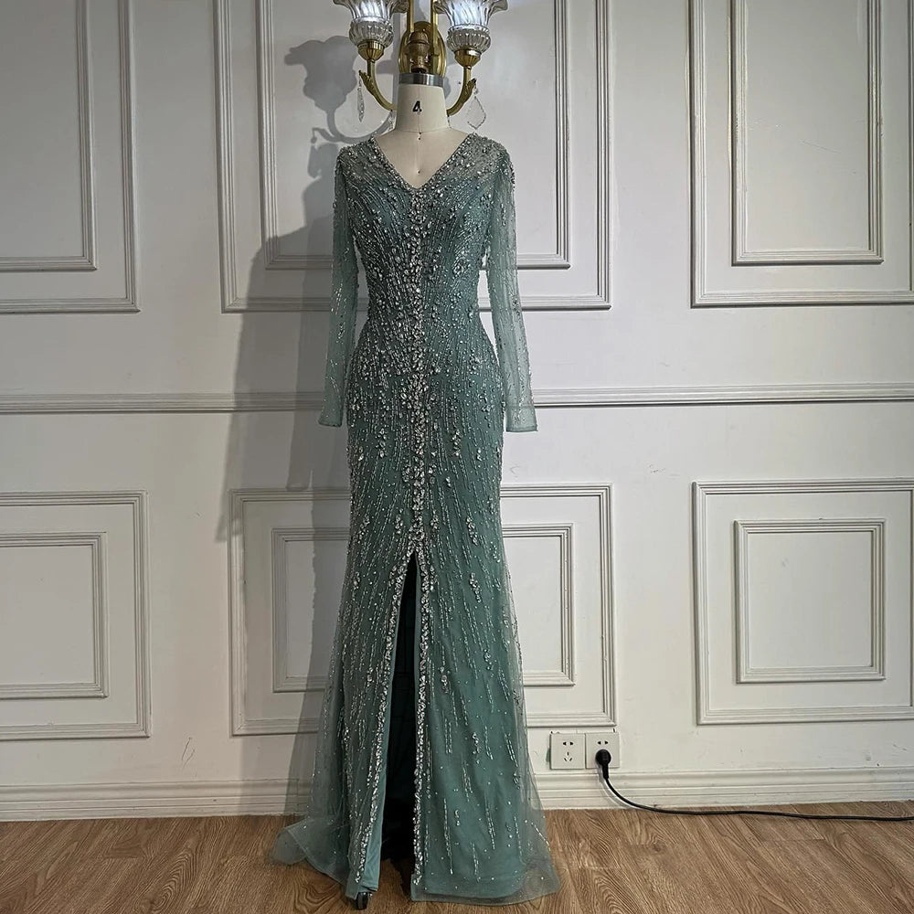 Luxury Turquoise Crystal Beaded Evening Dress Elegant Slit Gown LA73179