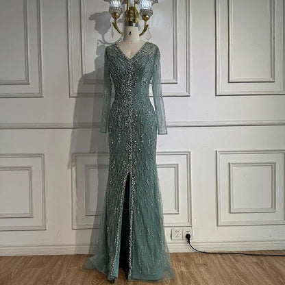 Luxury Turquoise Crystal Beaded Evening Dress Elegant Slit Gown LA73179