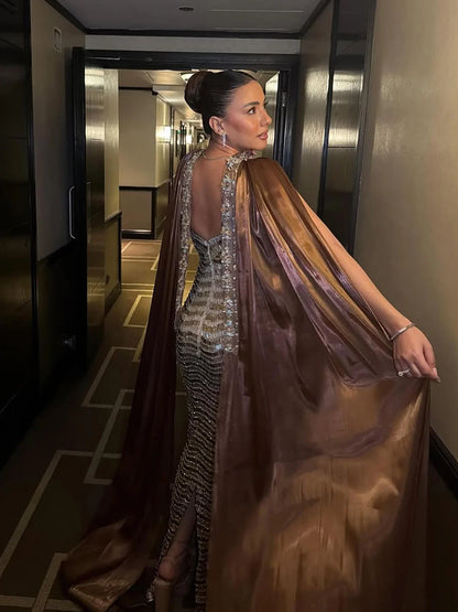 Luxury Caramel Beaded Mermaid Evening Dress LA73447