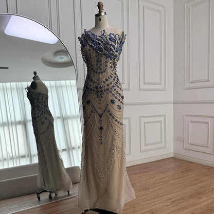 Luxury Blue Crystal Beaded Mermaid Evening Dress LA72760B