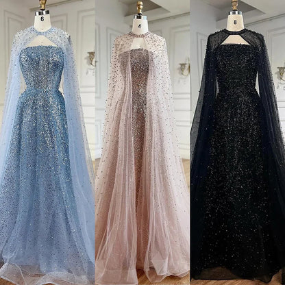 Luxury Arabic Blue A-Line Evening Dress with Cape Sleeves Plus Size LA72659