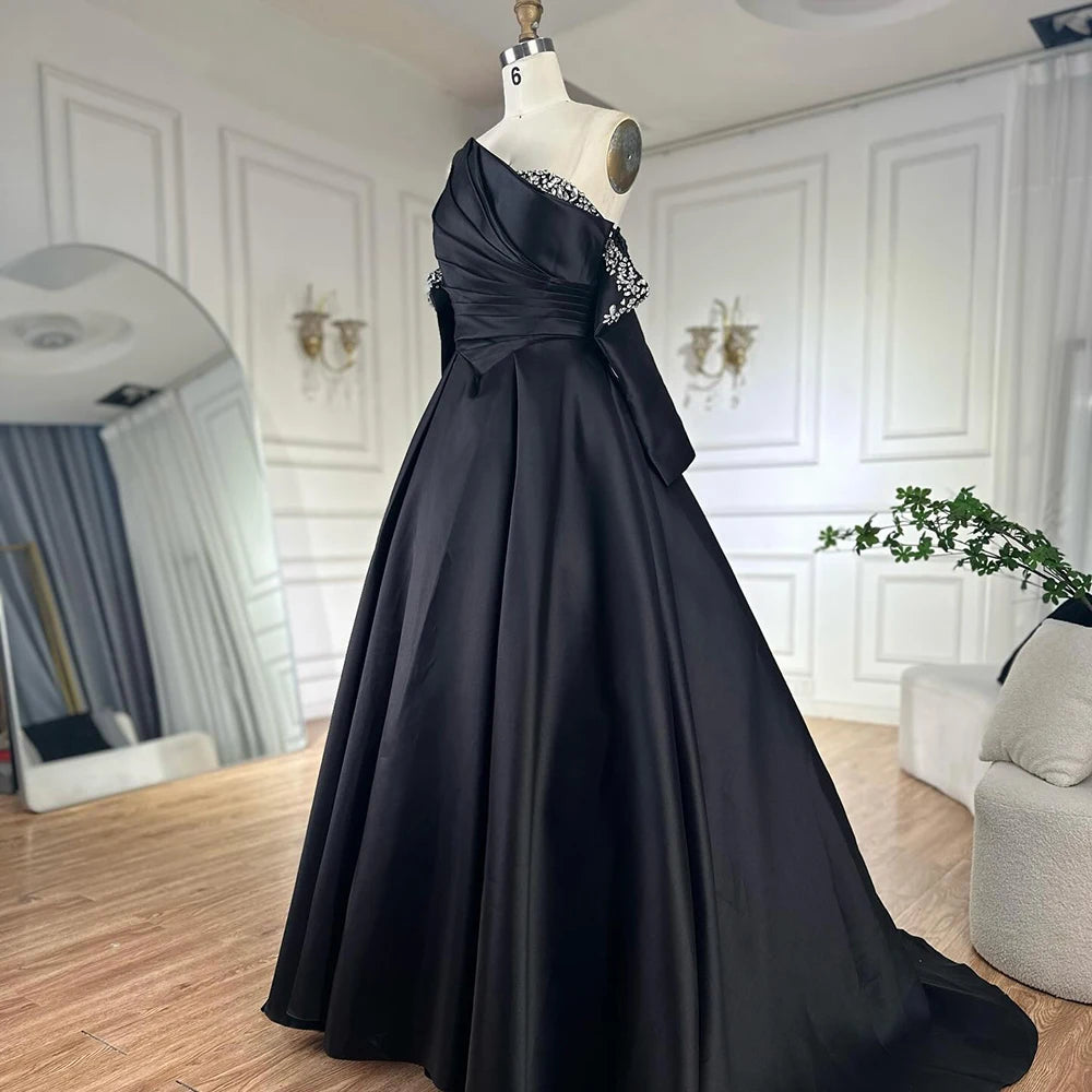 Luxury Black Satin One Shoulder Beaded A-Line Evening Dress LA72741
