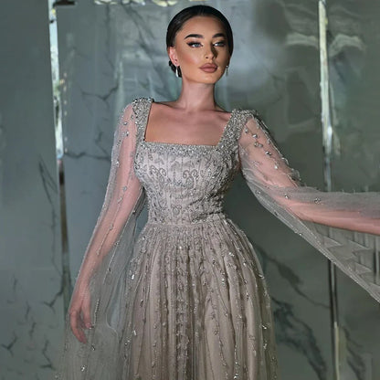 Caramel Beaded A-Line Evening Dress with Cape Sleeves LA71803A
