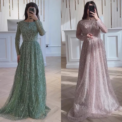 Luxury Olive Green Beaded A-Line Modest Evening Dress LA72738B