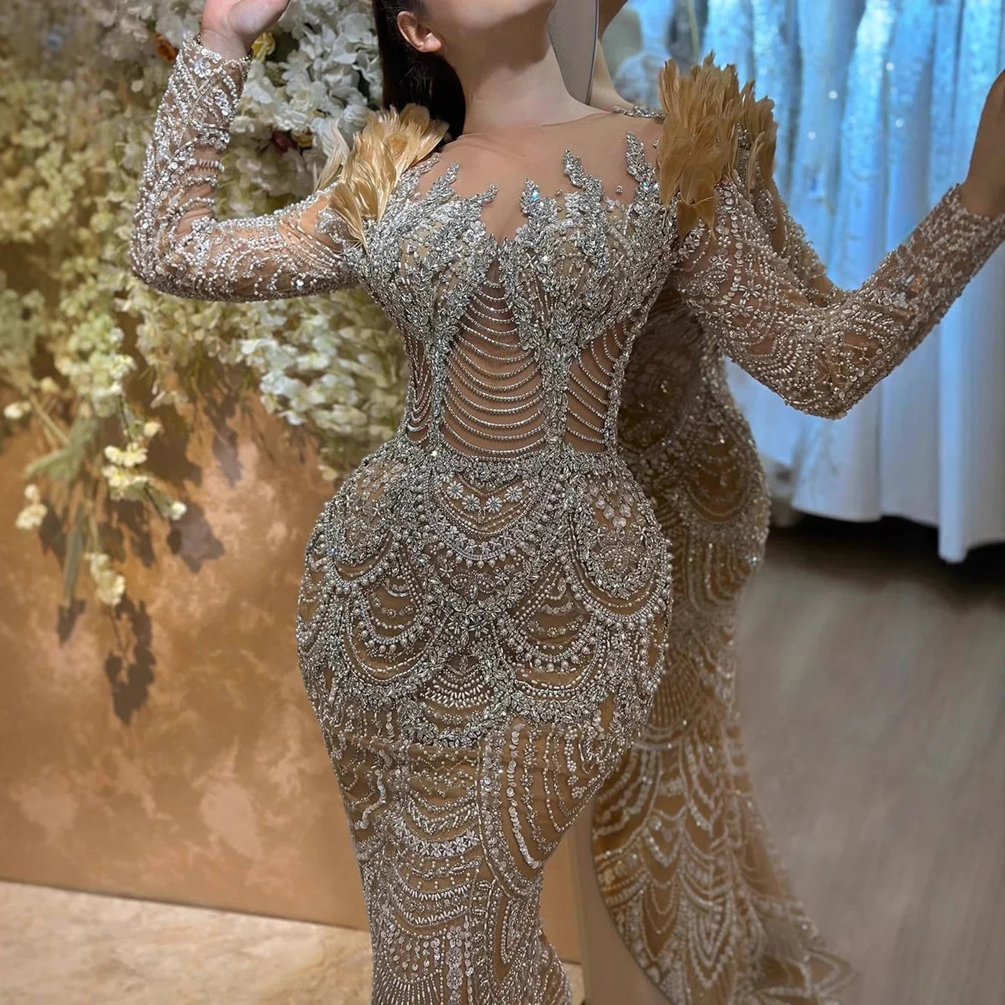 Luxury Nude Beaded Feather Long Sleeve Mermaid Evening Dress LA73348