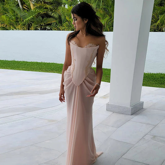 Luxury Pink Handmade Chiffon Mermaid Evening Gown Corset LA72946