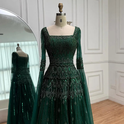 Luxury Green A-LineBeaded  Evening Dress with Cape Sleeves LA73089
