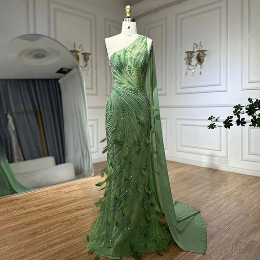 Green One-Shoulder Beaded Feathers Evening Gown with Side Cape Shawl LA72698