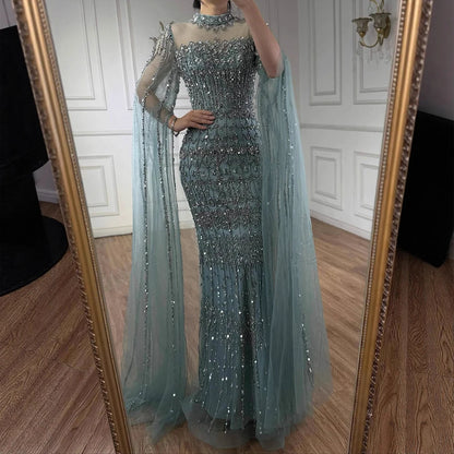 Luxury Nude Beaded Evening Dress with Long Cape Sleeves LA72714A