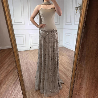 Luxury Sage Green and Pink Arabic Strapless Beaded Evening Dress LA72805D