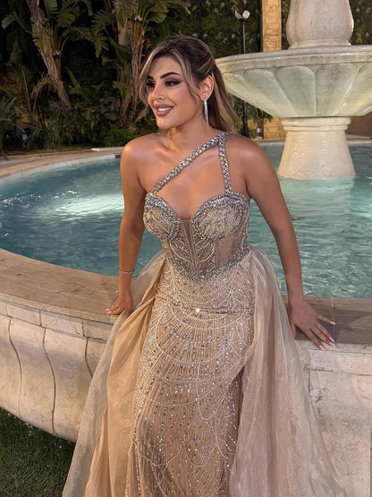 Luxury Nude One Shoulder Beaded Mermaid Evening Dress LA73358