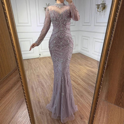 Luxury Pink Beaded Mermaid Evening Dress Long Sleeve LA73158