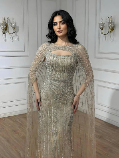 Luxury Blue Diamond Evening Dress With Cape LA73426