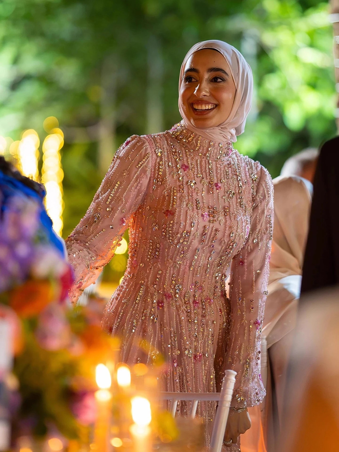 Luxury Pink Arabic Modest Muslim A-Line Crystal Beaded Evening Dress LA73363