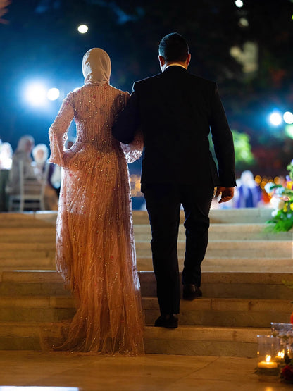 Luxury Pink Arabic Modest Muslim A-Line Crystal Beaded Evening Dress LA73363