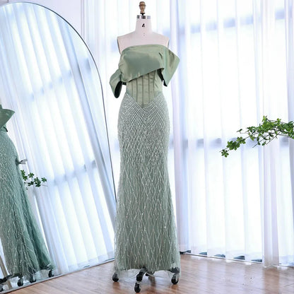 Sage Green Off Shoulder Tassel Beaded Mermaid Evening Dress LA73037