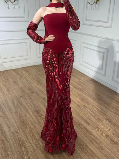 Luxuriöses weinrotes Meerjungfrauen-Abendkleid mit Handschuhen LA73050E