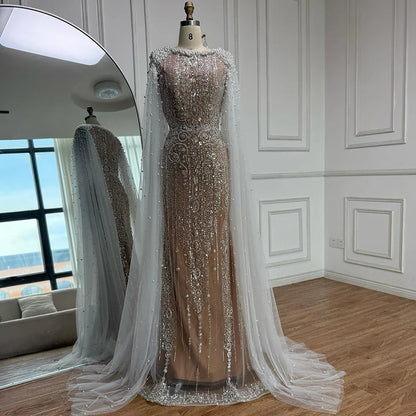 Luxury White Nude Mermaid Pearls Beaded Evening Dress with Cape Sleeves LA72444