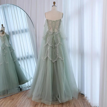 Luxury Arabic Sage Green Beaded A-Line Evening Dress with Cape LA72605A