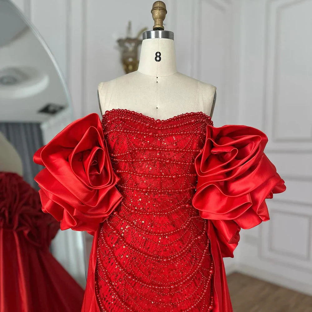 Red Long Cape Pearls Beaded Mermaid Evening Dress Gown LA72585A