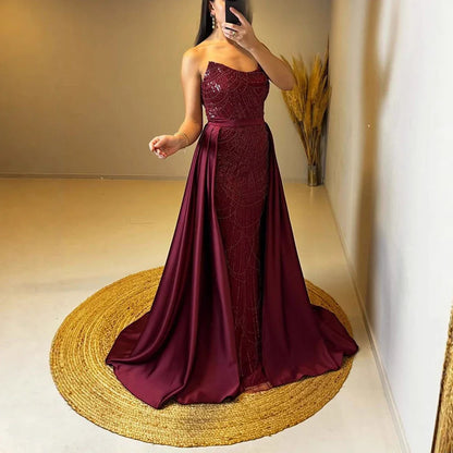 Luxury Wine Red Crystal Beaded Elegant Evening Dress with Overskirt LA72032Q