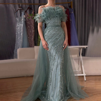 Luxury Dubai  Saudi Arabic Beaded Caramel Mermaid Elegant Evening Dresses Gowns with Overskirt for Formal Occasion LA71634A
