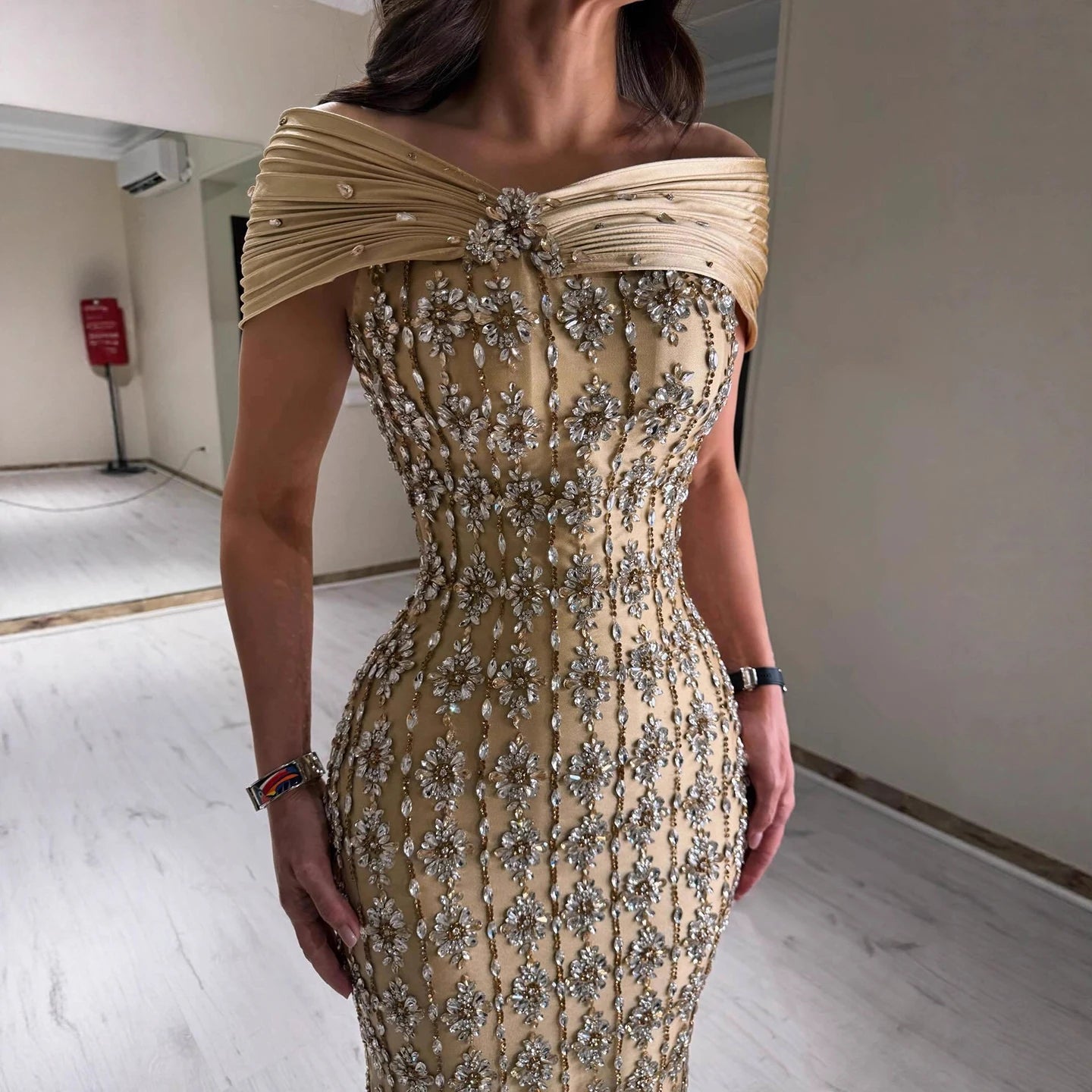 Luxury Gold Arabic Ruffles Evening Dress LA73362
